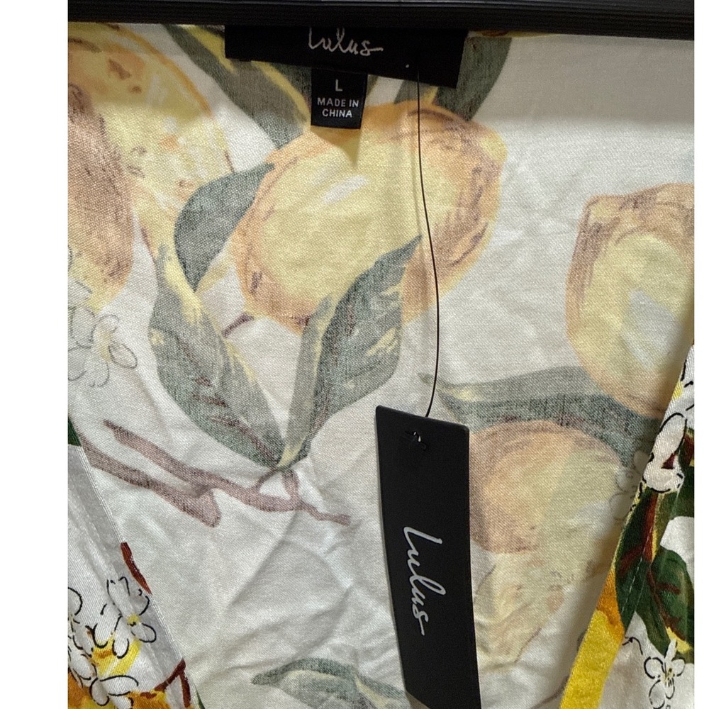 Lulus Lemon Print Mini Dress White Yellow Citrus Front Tie V-Neck Short Sleeve L - Picture 3 of 5